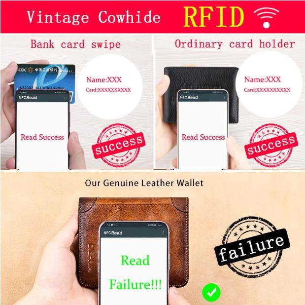 💰RFID Blocking Trifold Mens Wallets 2 ID Windows Cowhide Wallet, Large capacity, Handmade