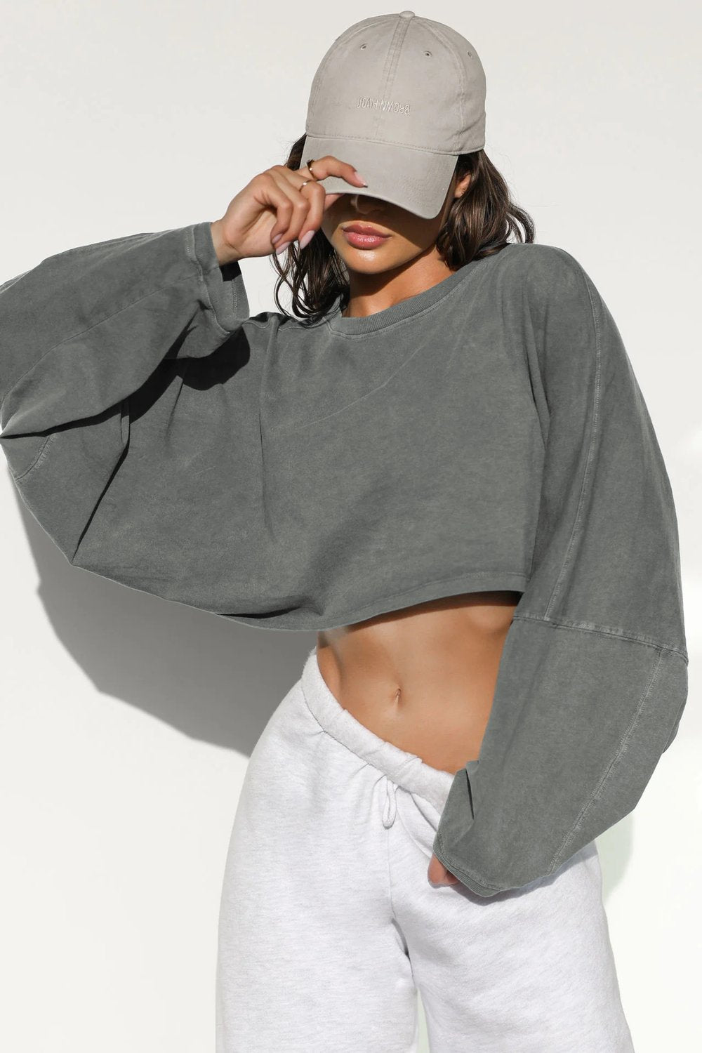 Women Long Sleeve Cropped Sweatshirt Oversized Crew Neck Workout Tops