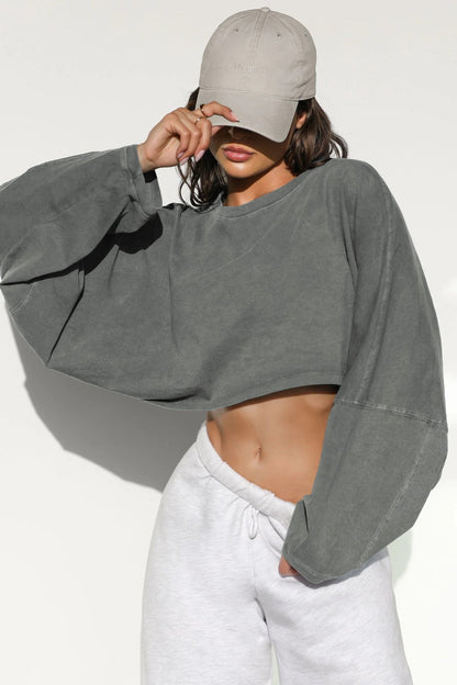 Women Long Sleeve Cropped Sweatshirt Oversized Crew Neck Workout Tops