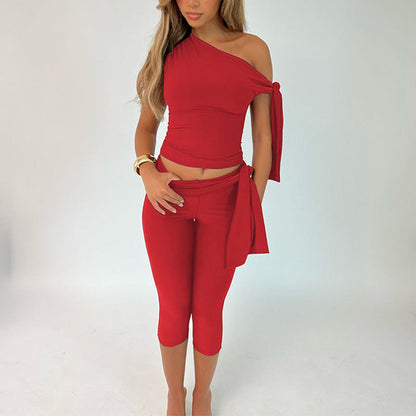 Women's Asymmetrical Knot Top & Capri Pants Set