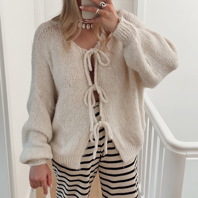 Women's Solid Color Tie Neck Drop Shoulder Cardigan