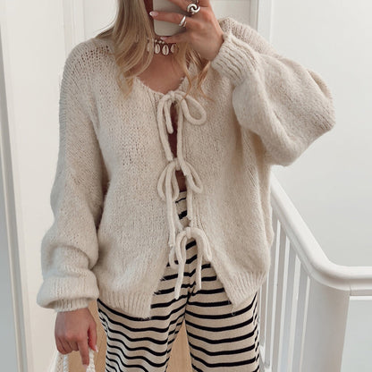 Women's Solid Color Tie Neck Drop Shoulder Cardigan