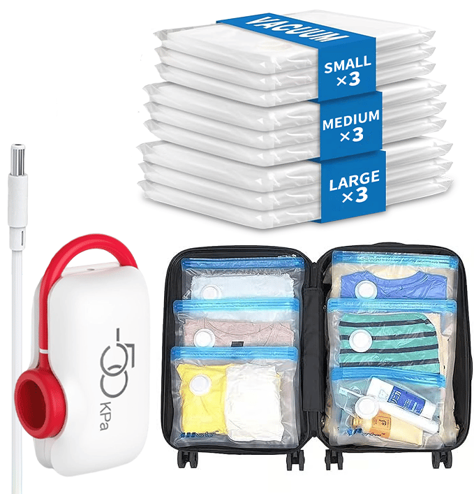 9 Pack Lightweight Travel Bags with USB Electric Pump | Compact Vacuum Storage Bags for Clothes | Space Saver Compression Bags for Travel