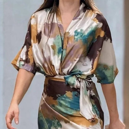 Women's Elegant Satin Abstract Print Wrap Dress