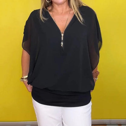 💗 Casual women's chiffon top with zipper under the collar🌟