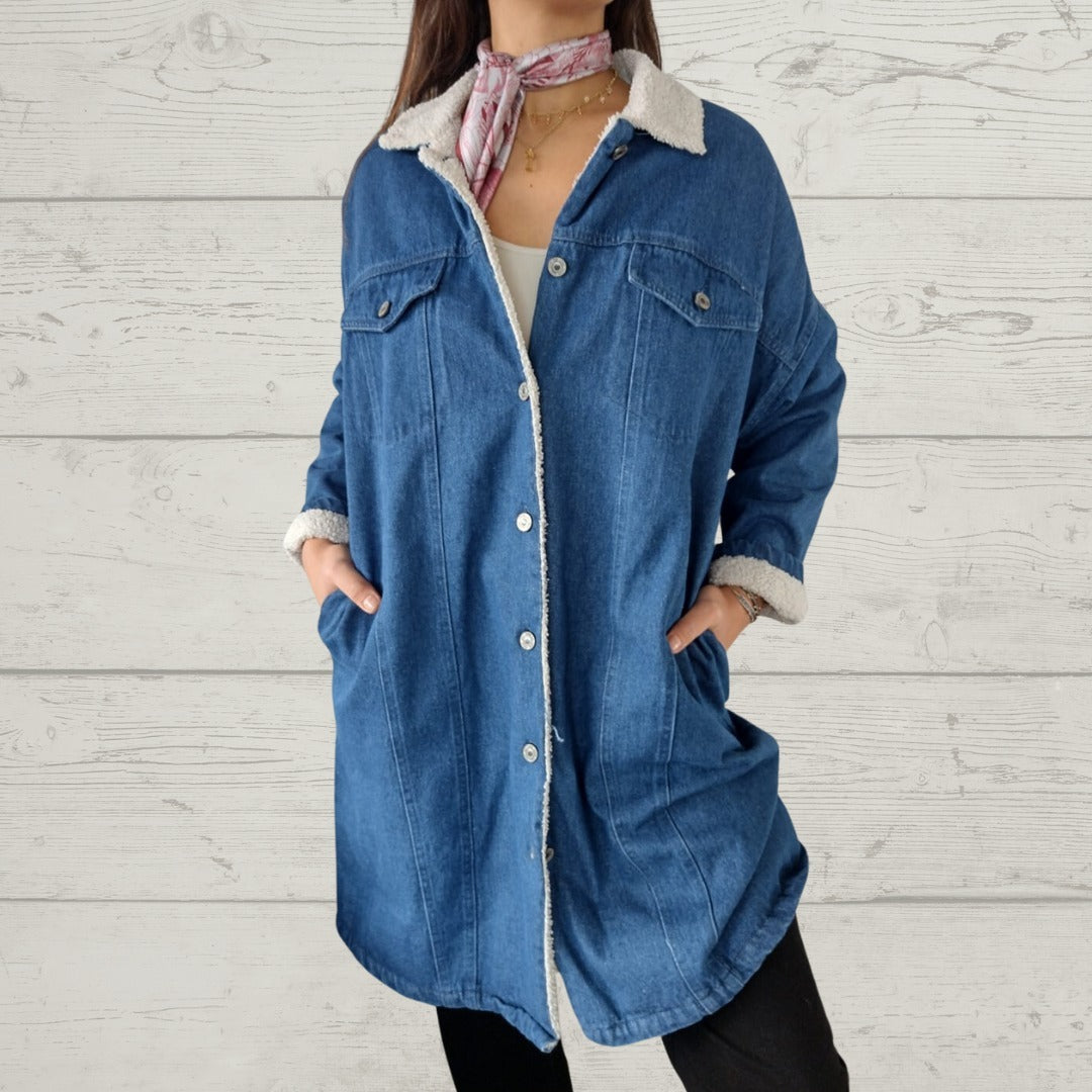 Mid-Length Lamb Wool Washed Denim Lapel Coat