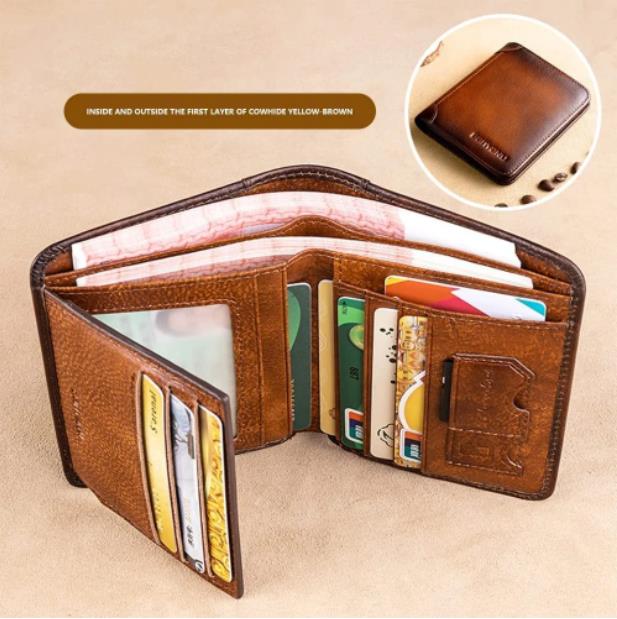 💰RFID Blocking Trifold Mens Wallets 2 ID Windows Cowhide Wallet, Large capacity, Handmade