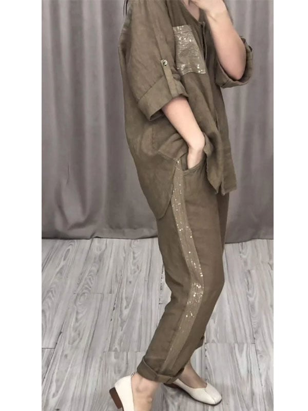 Sequined Round Neck Mid-sleeve Two-piece Suit