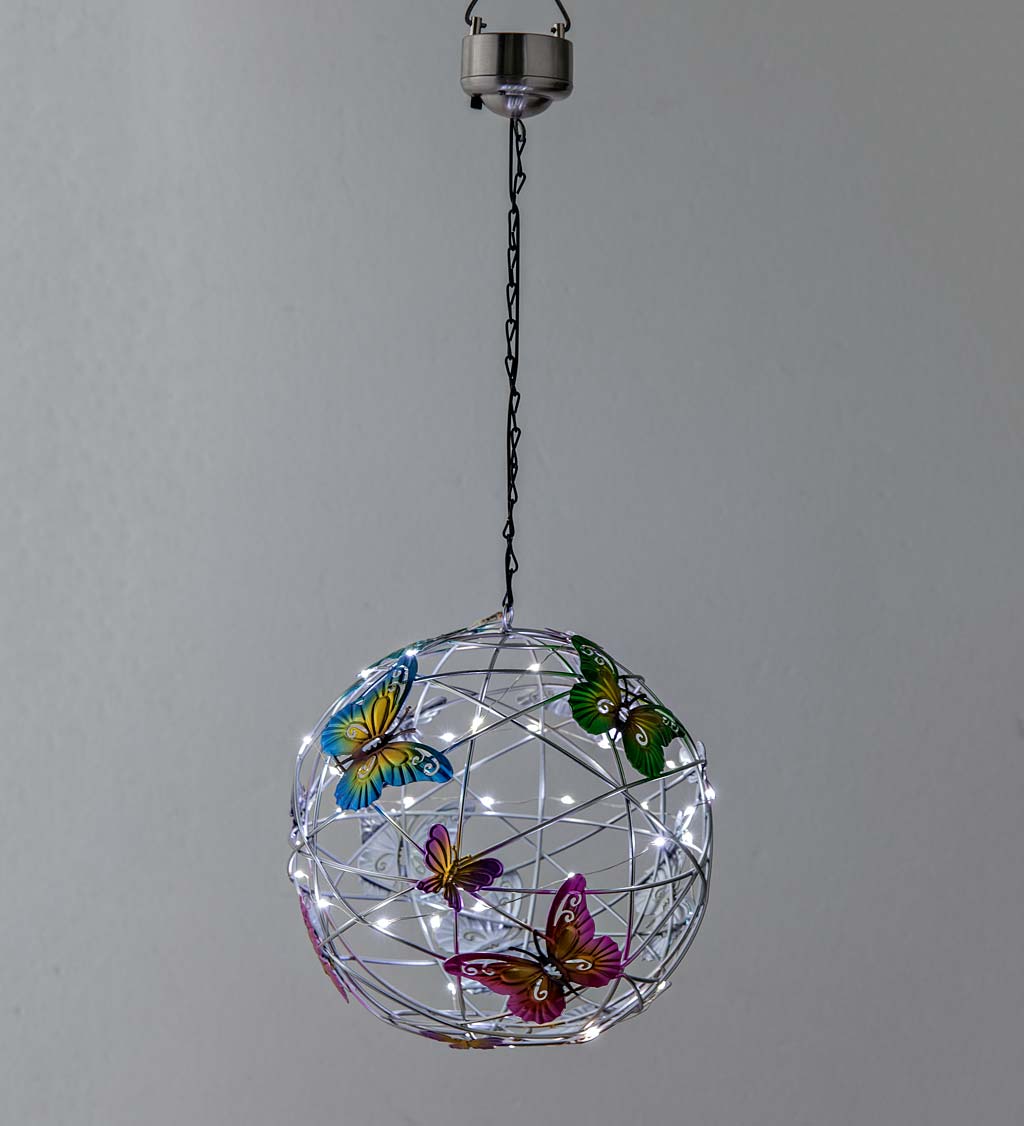 Solar Lighted Hanging Mesh Orb with Colorful Butterflies