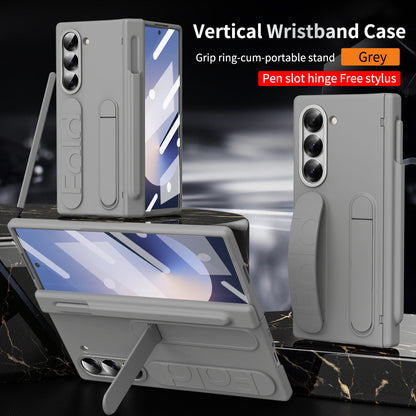Luxury Vertical Wristband Bracket Phone Case For Samsung Galaxy Z Fold 6/5 with Pen Slot Hinge + Stylus