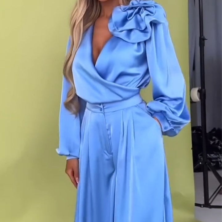 🌸NEW HOT SALE✨Effortless Elegance!💃Women’s V-Neck Top & Wide-Leg Pants 2-Piece Set – Chic & Comfortable!🌸