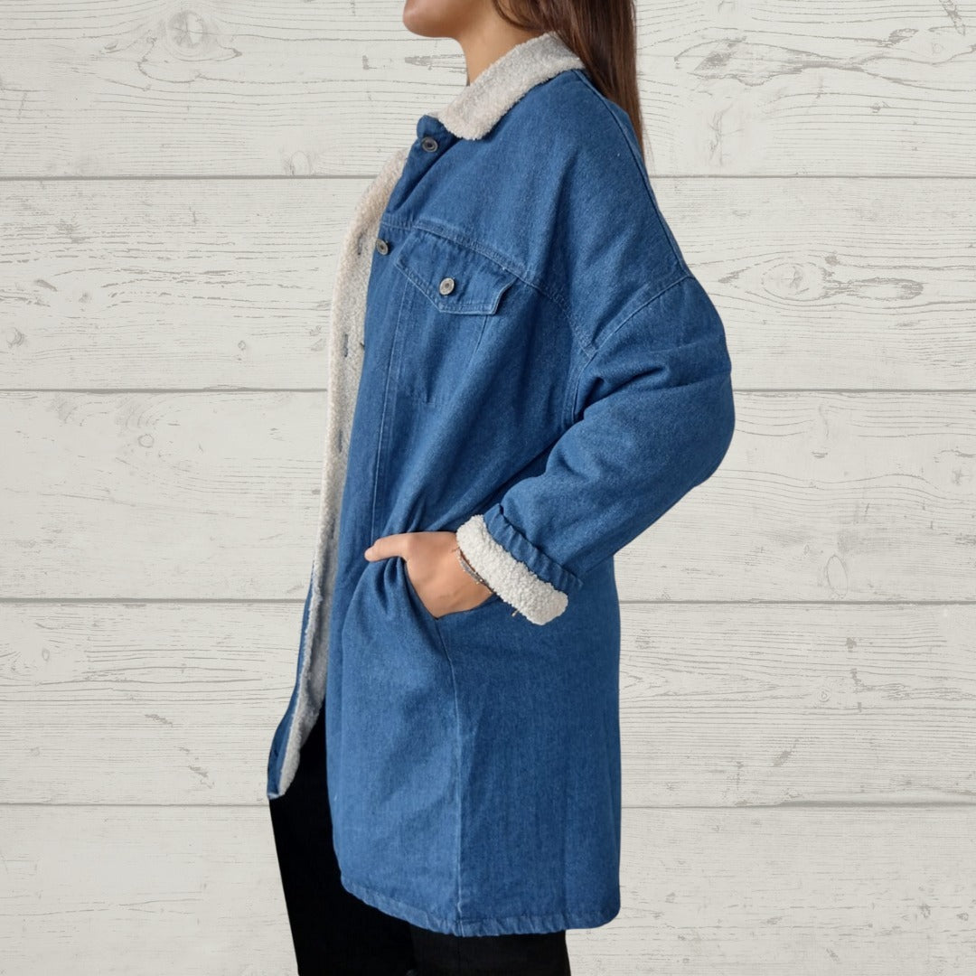Mid-Length Lamb Wool Washed Denim Lapel Coat