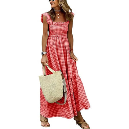 ✨Women's Retro Plaid Smocked Dress Spaghetti Strap Flounce Long Dress