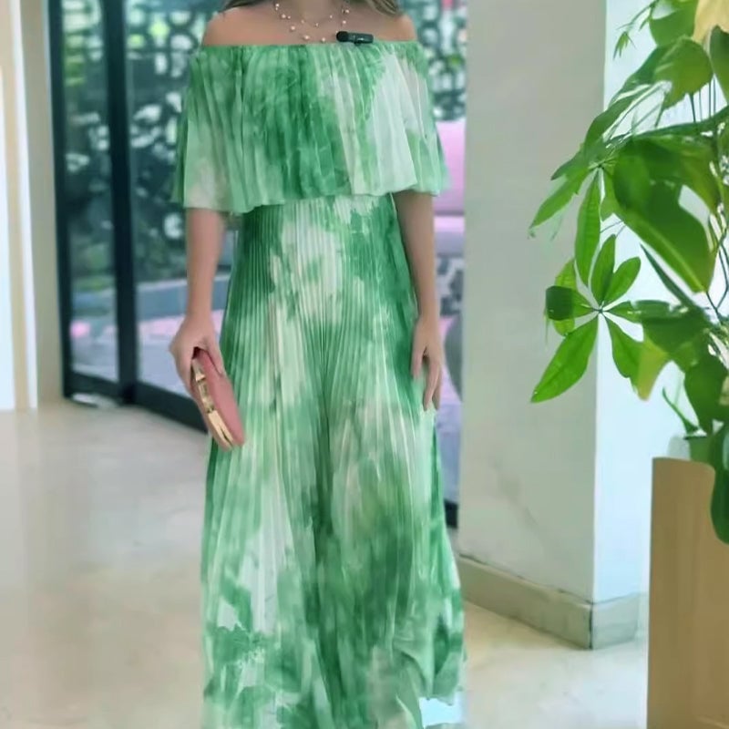 🌿Printed pleated strapless dress for women