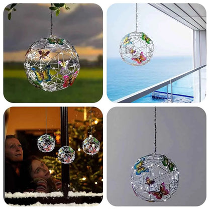Solar Lighted Hanging Mesh Orb with Colorful Butterflies