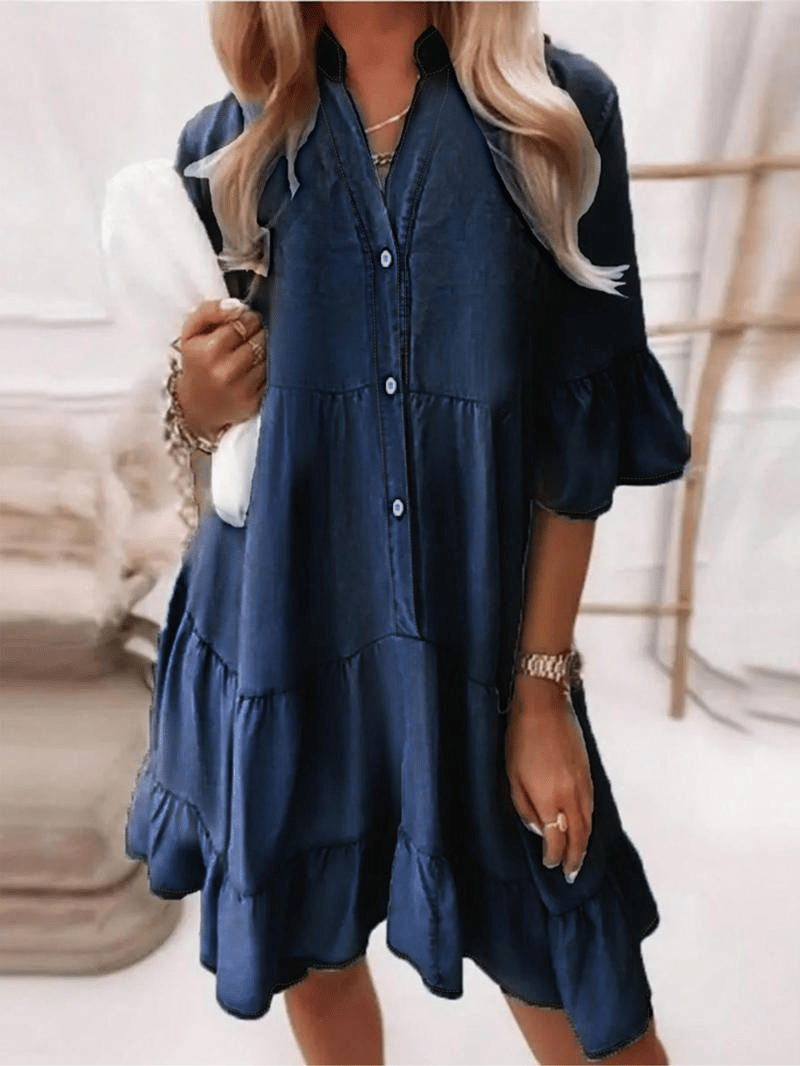 👗V-Neck Ruffle Trim Summer Dress – Lightweight Denim Look