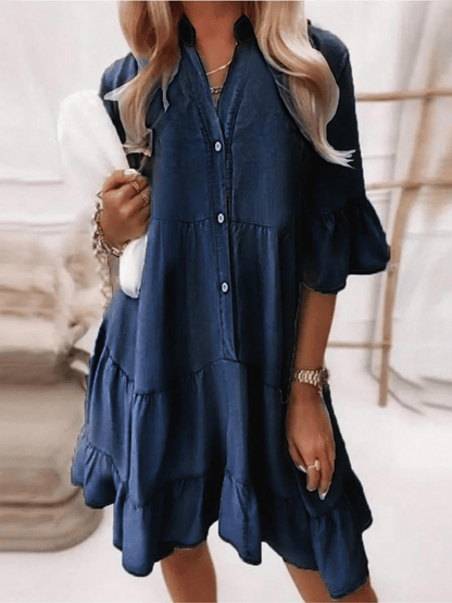 👗V-Neck Ruffle Trim Summer Dress – Lightweight Denim Look