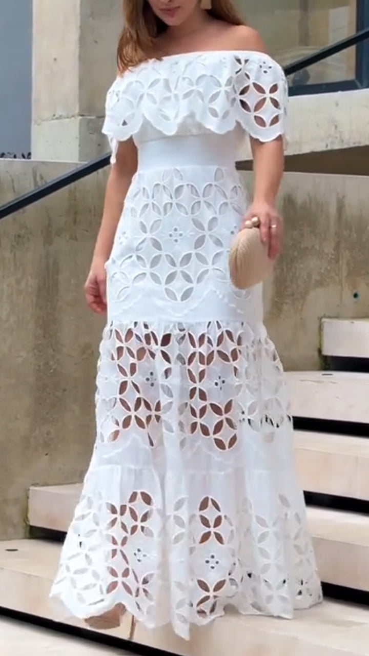 Women's Elegant Eyelet Maxi Dress - Off-the-Shoulder Design, Tiered Skirt, and Intricate Cutout Detailing