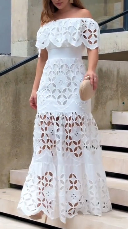 Women's Elegant Eyelet Maxi Dress - Off-the-Shoulder Design, Tiered Skirt, and Intricate Cutout Detailing