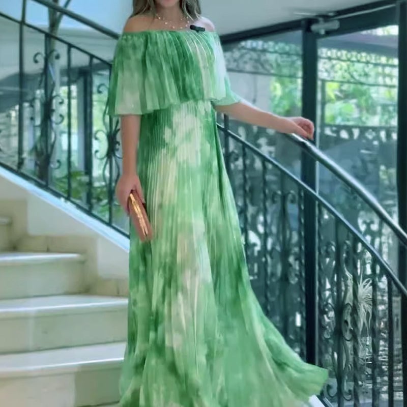 🌿Printed pleated strapless dress for women