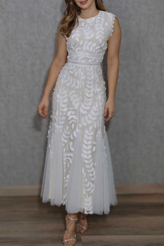 Tulle Midi Dress with High Neck and 3D Lace Leaf Detail