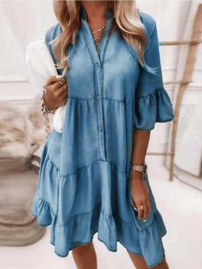👗V-Neck Ruffle Trim Summer Dress – Lightweight Denim Look