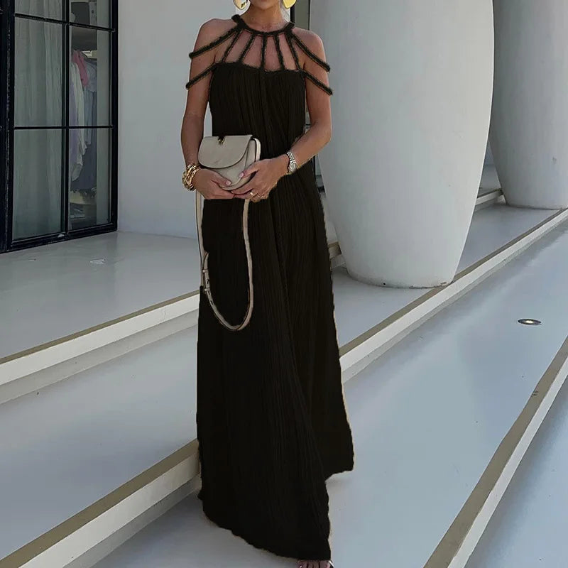 Modern and Sophisticated Linen Blend Draped Braids Cover Up Maxi Dress