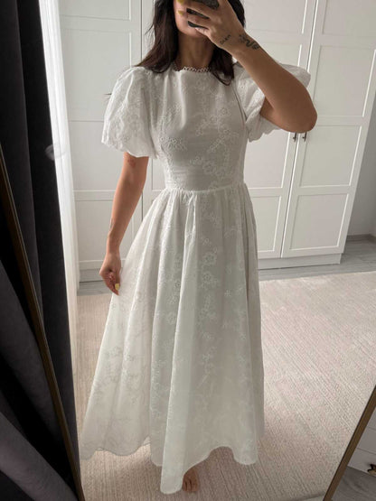 Princess White Lace Puff Sleeve Dress