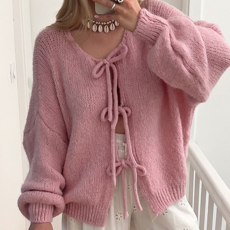 Women's Solid Color Tie Neck Drop Shoulder Cardigan