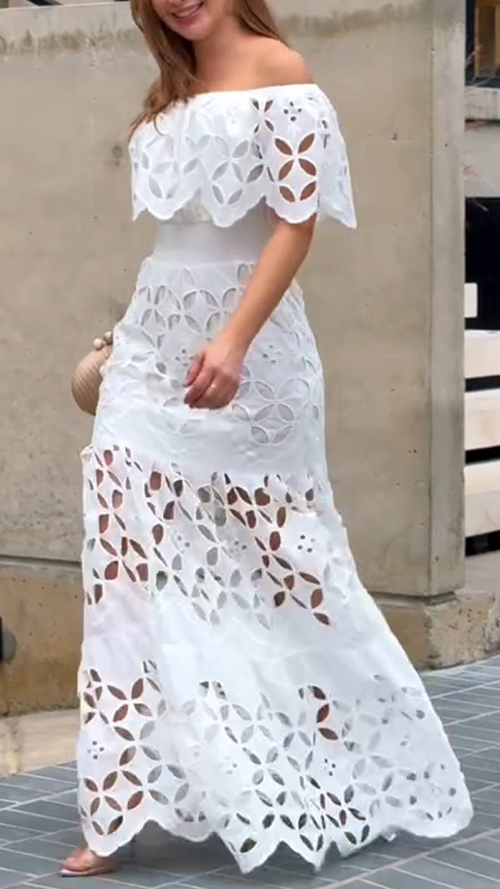 Women's Elegant Eyelet Maxi Dress - Off-the-Shoulder Design, Tiered Skirt, and Intricate Cutout Detailing