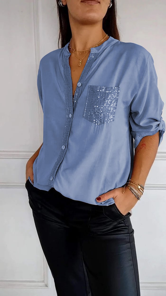 🔥2024 HOT SALE🔥Polyester V-neck Sequin Mid-sleeve Casual Top