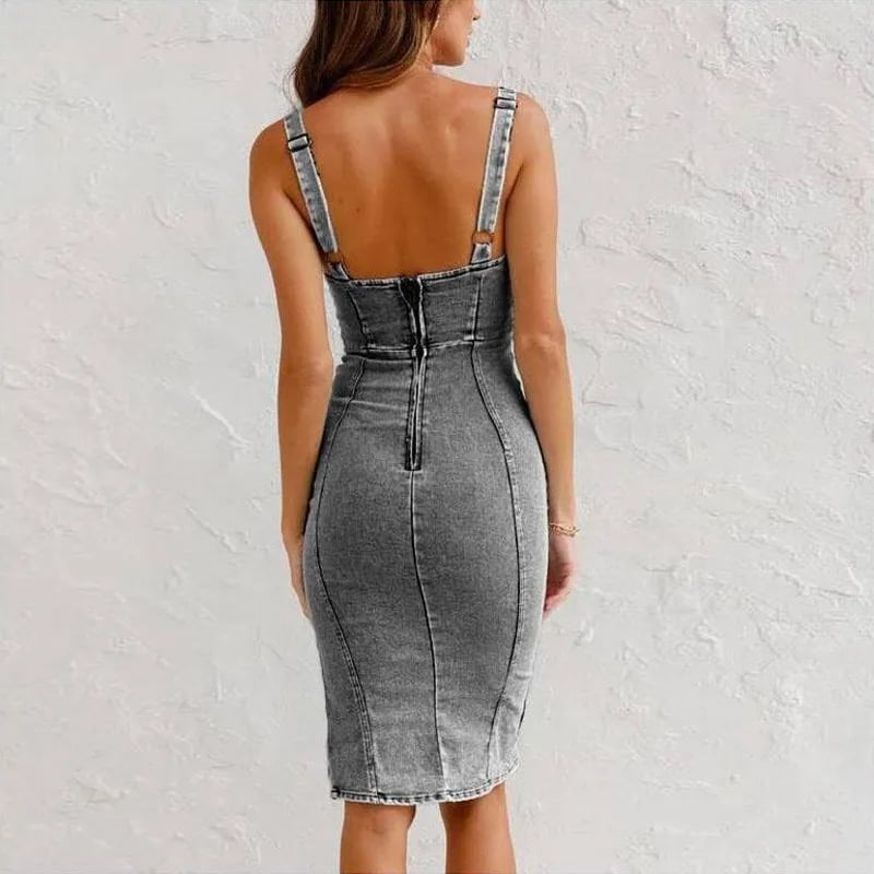 🌸Spring Specials🌸 Adjustable strap U-neck split denim bodycon cami dress