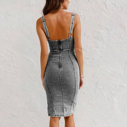🌸Spring Specials🌸 Adjustable strap U-neck split denim bodycon cami dress