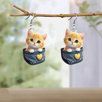 🌸 Charming Pink Umbrella Floral Kittens Art Dangle Earrings