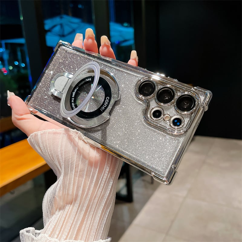 🔥New In Samsung S25 Series Case - Samsung Electroplated Glitter Four Corners Airbag Protection Magnetic Case with Invisible Stand