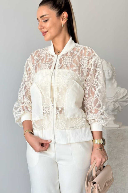 Romantic Sheer Lace Bomber Jacket with Balloon Sleeves
