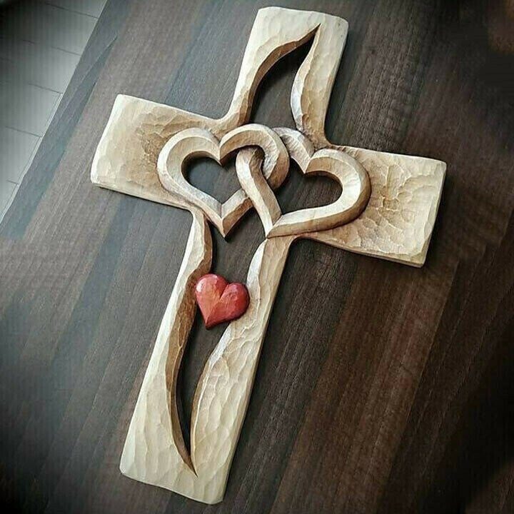 💞Carved wooden cross - intertwined hearts
