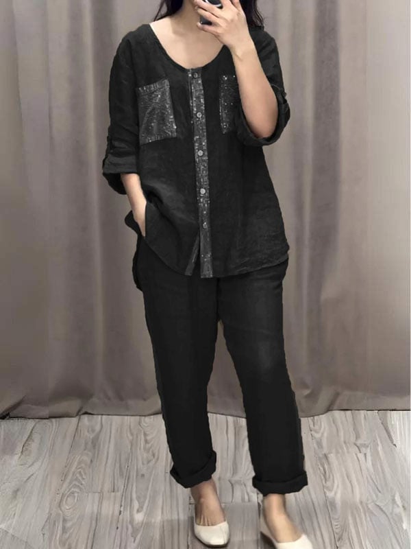 Sequined Round Neck Mid-sleeve Two-piece Suit