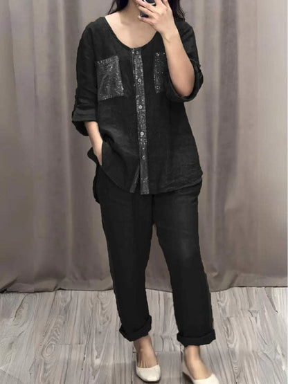 Sequined Round Neck Mid-sleeve Two-piece Suit