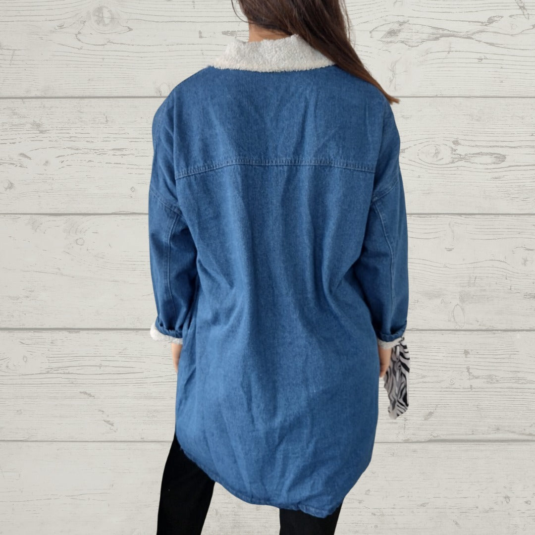 Mid-Length Lamb Wool Washed Denim Lapel Coat