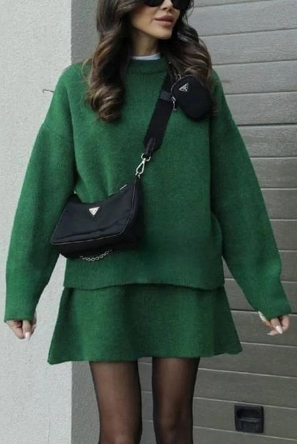 Solid Color Casual Knit Top and Knit Stretch Mini Skirt Set