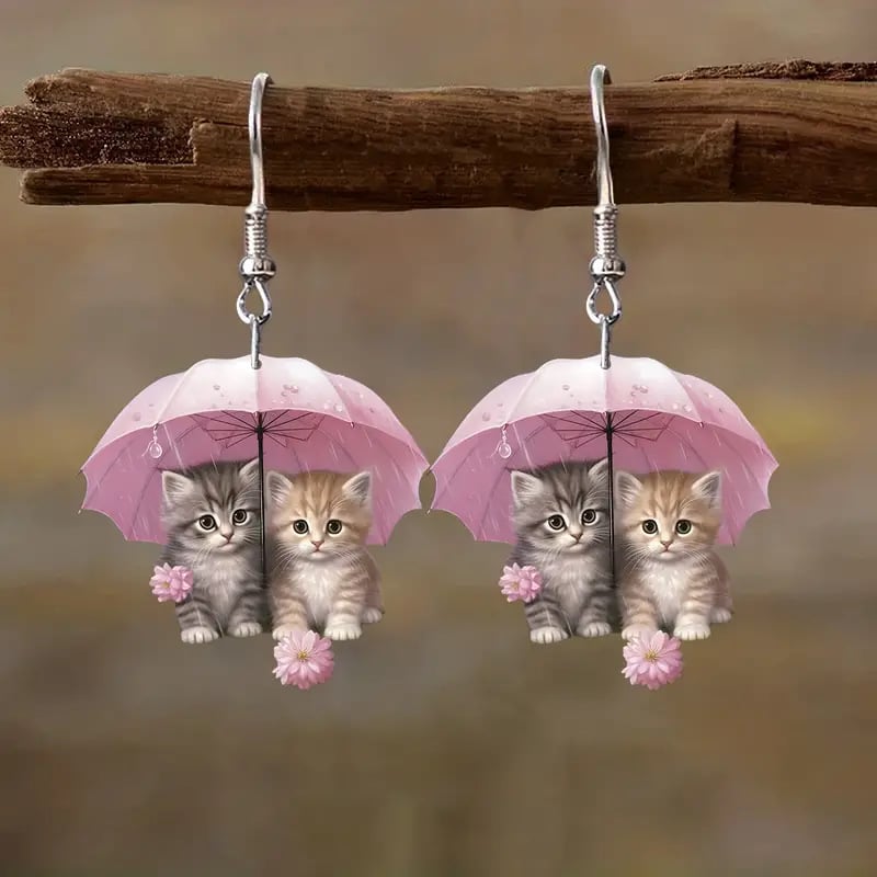 🌸 Charming Pink Umbrella Floral Kittens Art Dangle Earrings