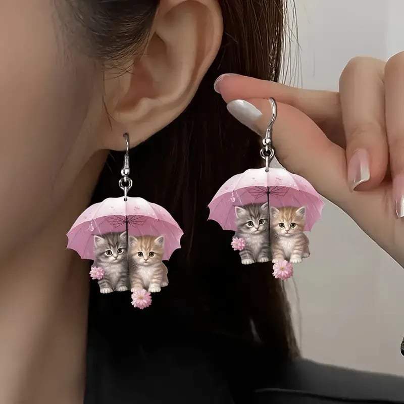 🌸 Charming Pink Umbrella Floral Kittens Art Dangle Earrings