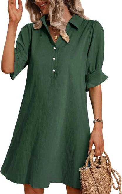Limited time sale🔥 Womens Casual Shirt Dress Ruffle Sleeve Solid Color Button Down