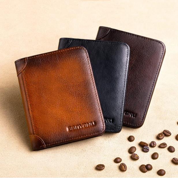 💰RFID Blocking Trifold Mens Wallets 2 ID Windows Cowhide Wallet, Large capacity, Handmade
