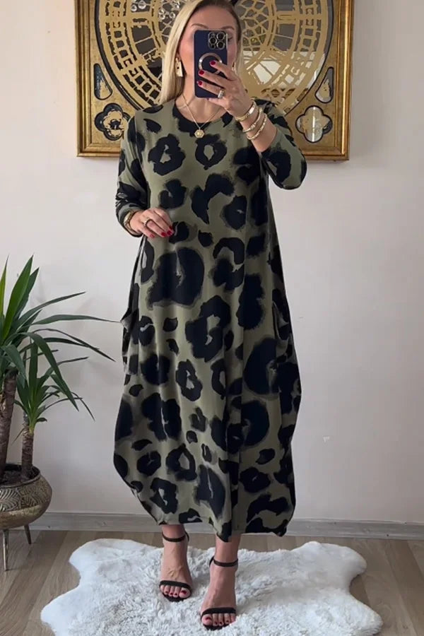 Leopard print Crew Neck Long Sleeve Dress