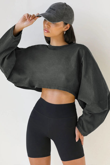 Women Long Sleeve Cropped Sweatshirt Oversized Crew Neck Workout Tops