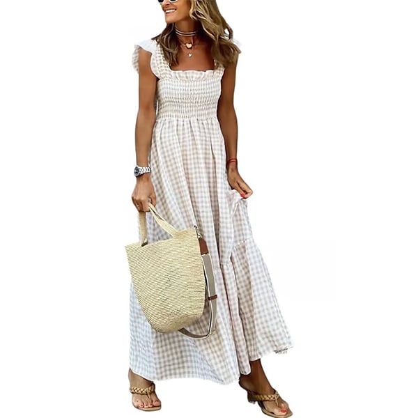 ✨Women's Retro Plaid Smocked Dress Spaghetti Strap Flounce Long Dress
