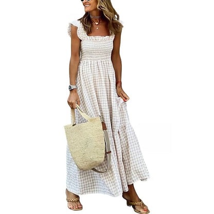 ✨Women's Retro Plaid Smocked Dress Spaghetti Strap Flounce Long Dress