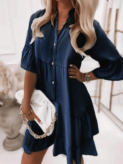 👗V-Neck Ruffle Trim Summer Dress – Lightweight Denim Look
